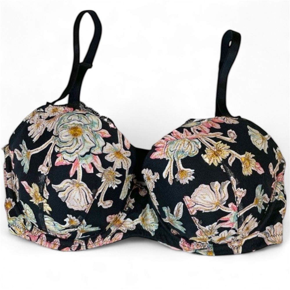 Victoria's Secret Black Bra with Pastel Floral Print | 34D | NIP